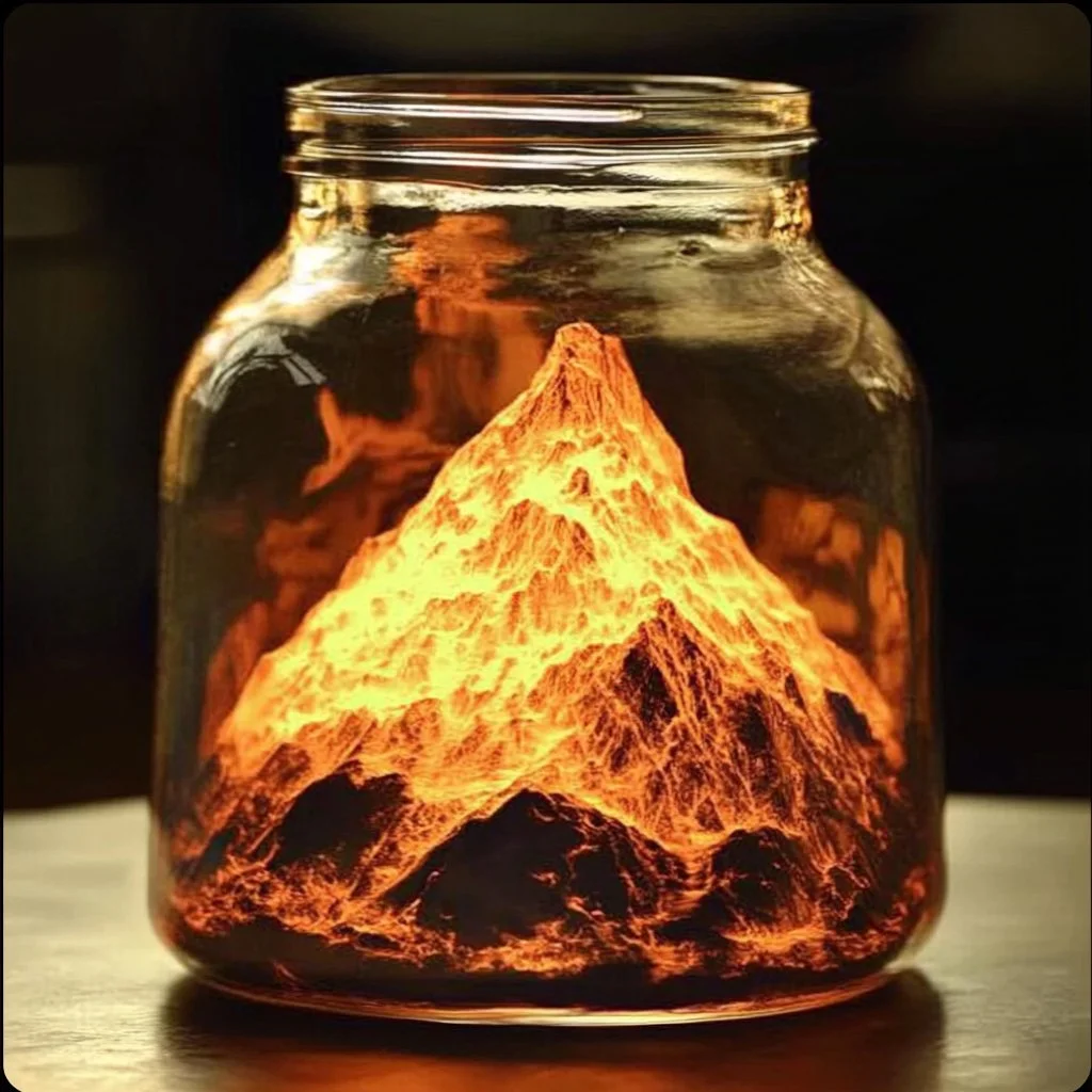 A mini volcano in a jar showcasing a colorful eruption effect.