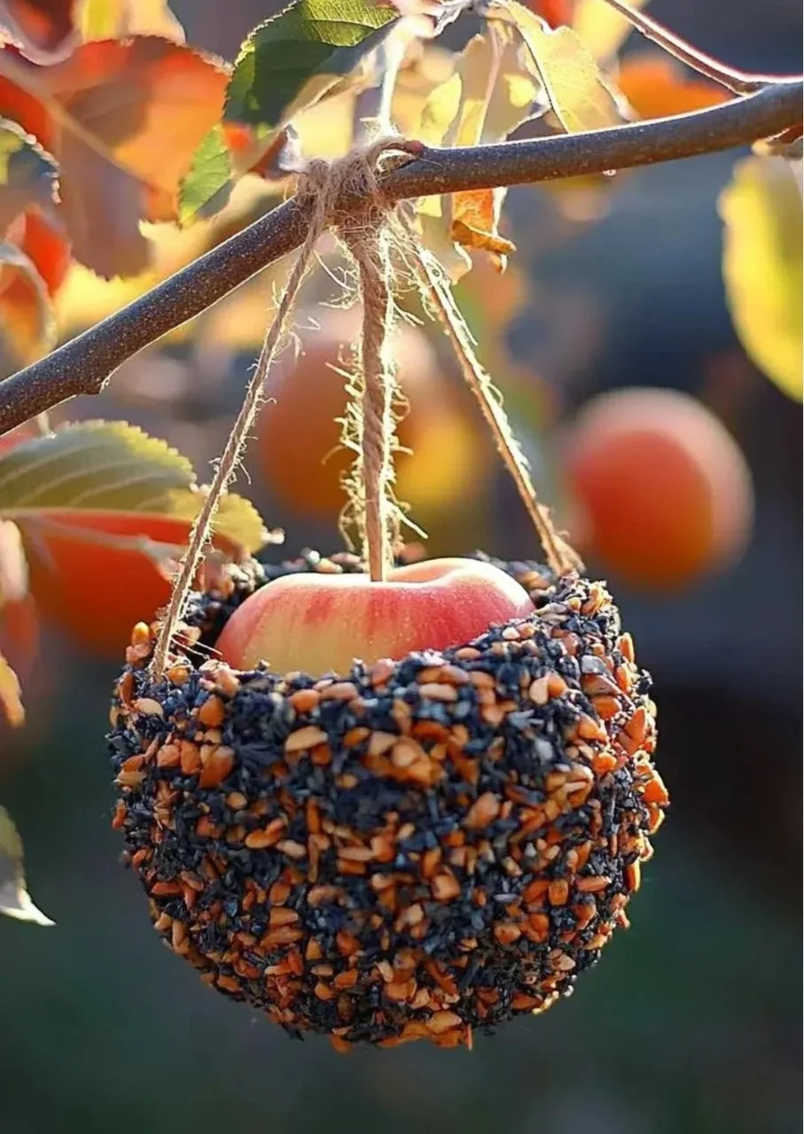 Natural apple bird feeder attracting colorful birds in the garden.
