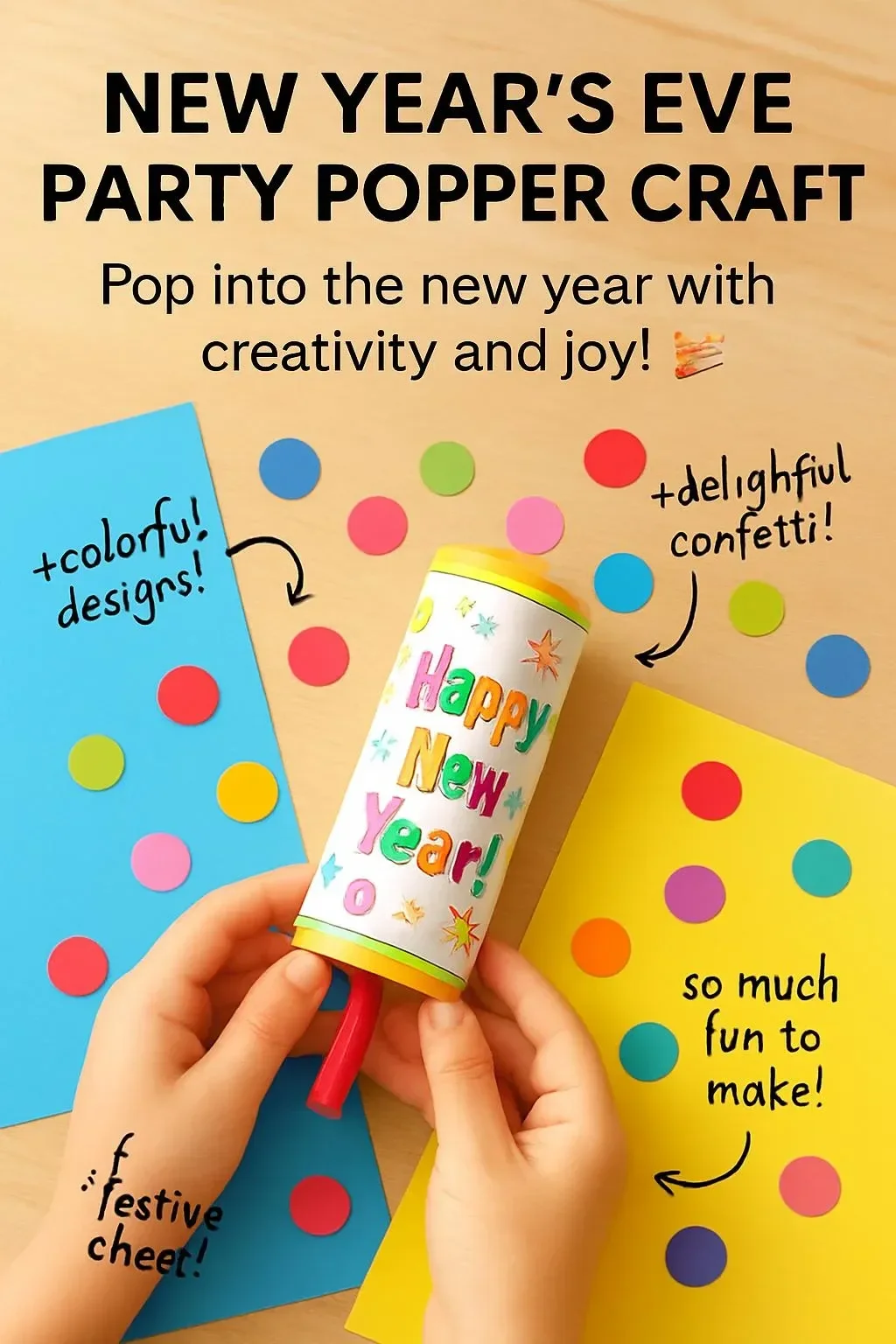 Colorful DIY New Year's Eve party popper craft ready to celebrate the new year.