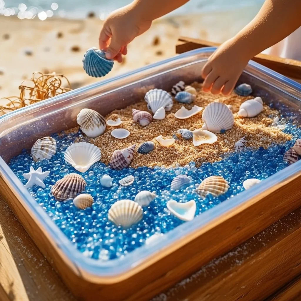 Ocean Beach sensory bin filled with sand, shells, and ocean-themed toys for kids.
