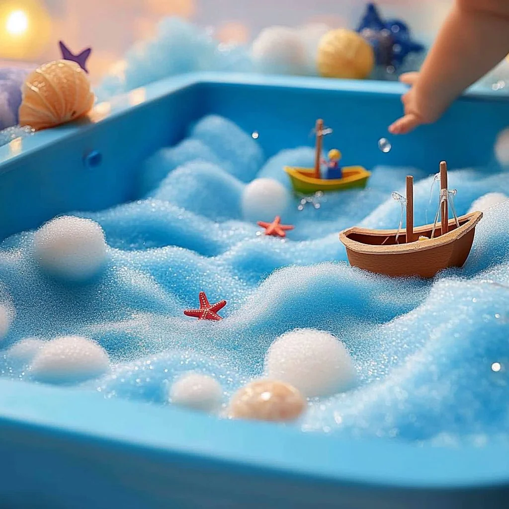 Ocean foam created with blue soap for artistic and visual effects.