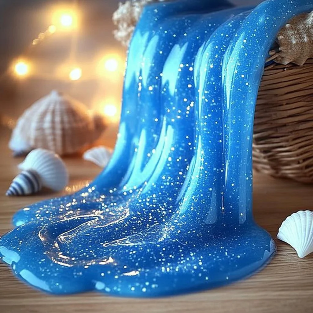 Colorful ocean slime with sea-inspired decorations and textures.