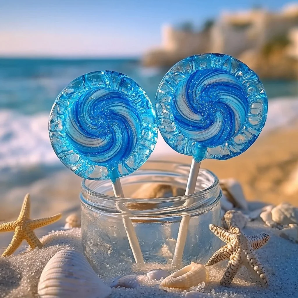Colorful ocean swirl lollipops in a variety of flavors and vibrant designs.