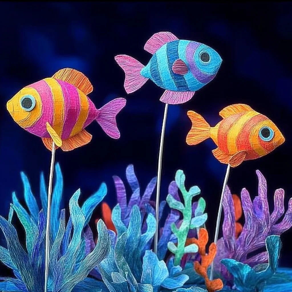 Kids mesmerized by underwater magic at a glowing reef with flickering candles.