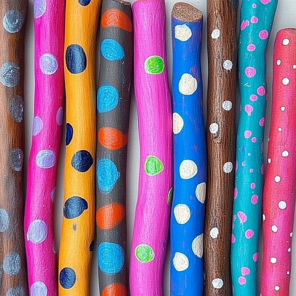Colorful painted sticks from a nature craft activity.