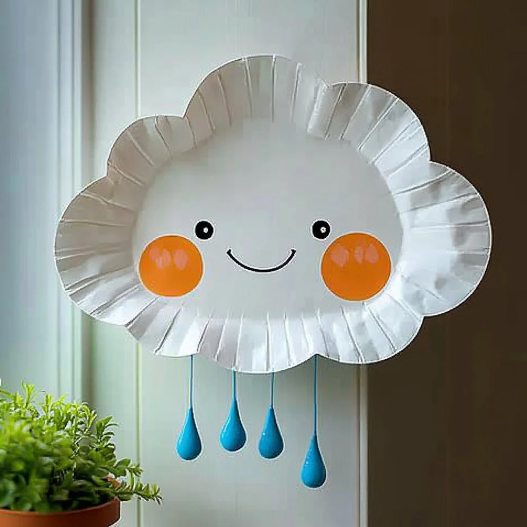 Colorful paper plate cloud craft perfect for kids' art projects