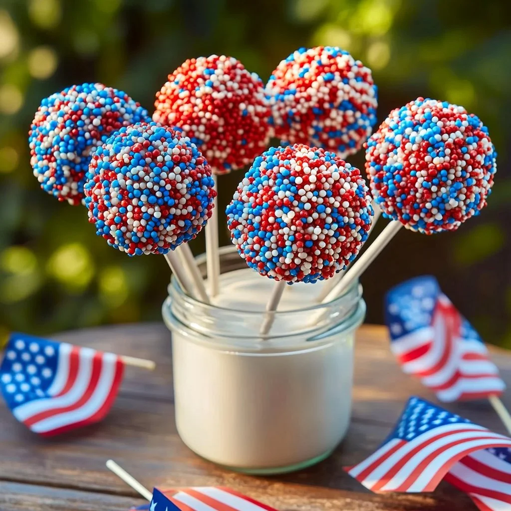 Festive patriotic cake pops decorated with red, white, and blue for celebrations