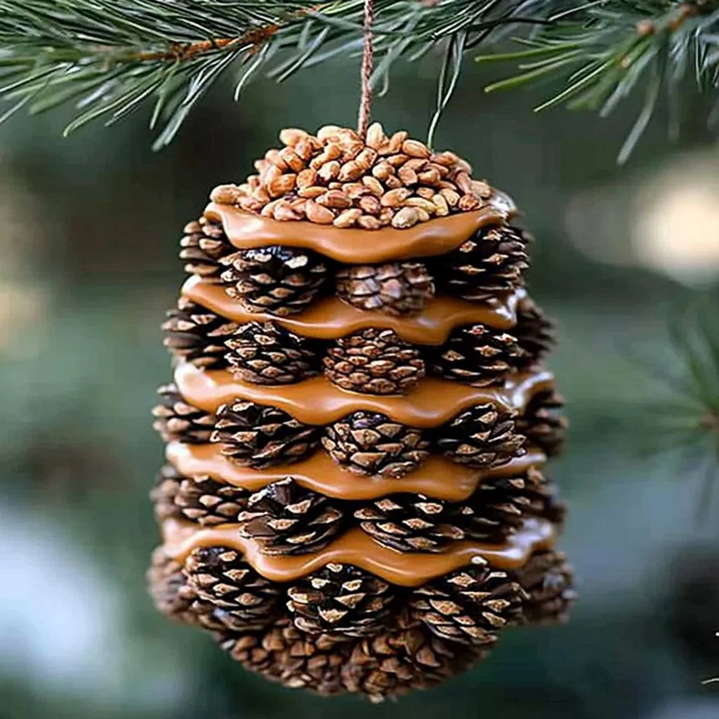 Pinecone bird feeder attracting birds in a garden setting