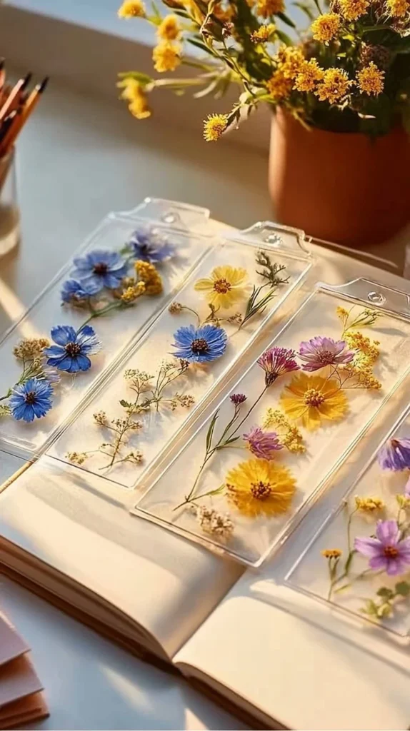 Pressed flower bookmark featuring delicate blooms preserved in resin