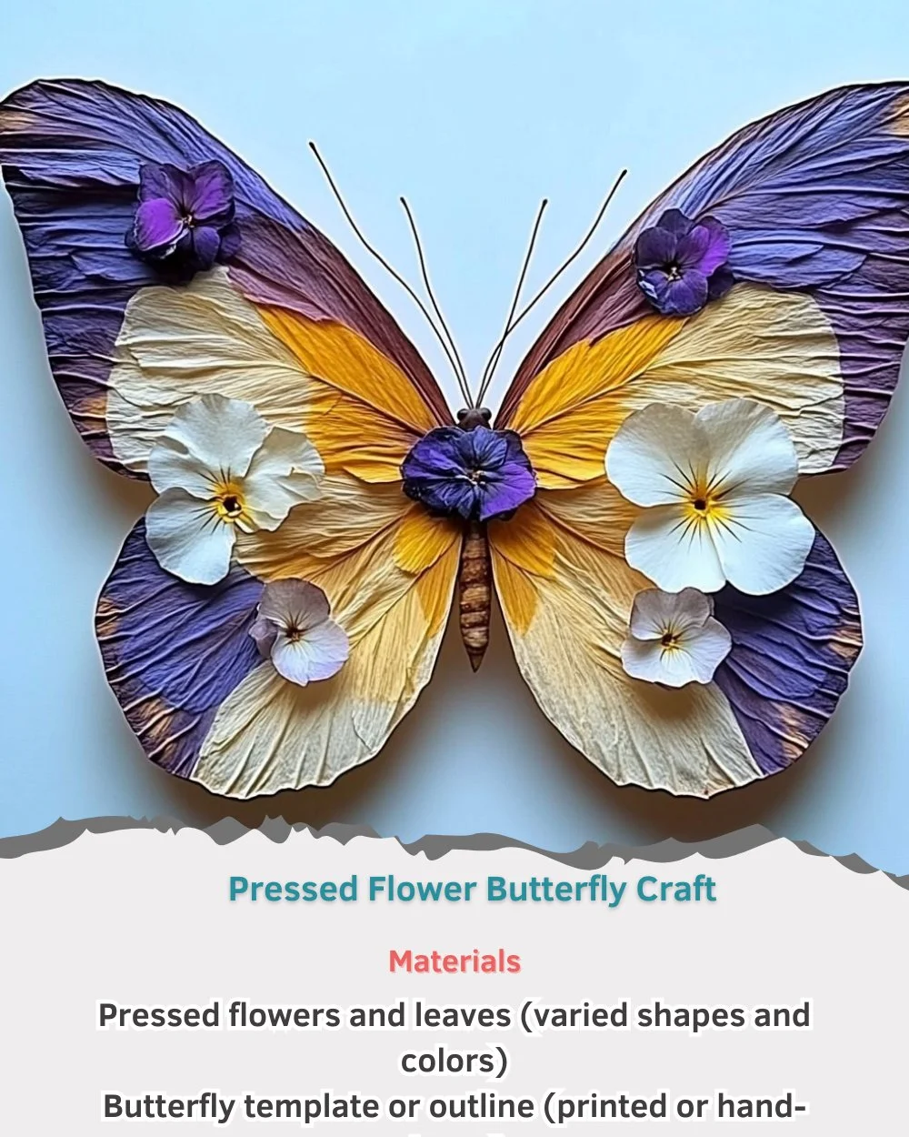 Pressed flower butterfly craft with colorful flowers and artistic design