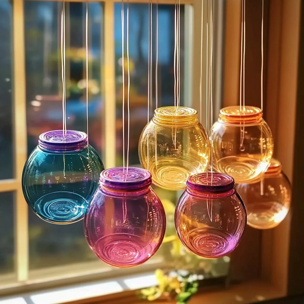 Colorful suncatchers made from Pringle lids, perfect for home decor.