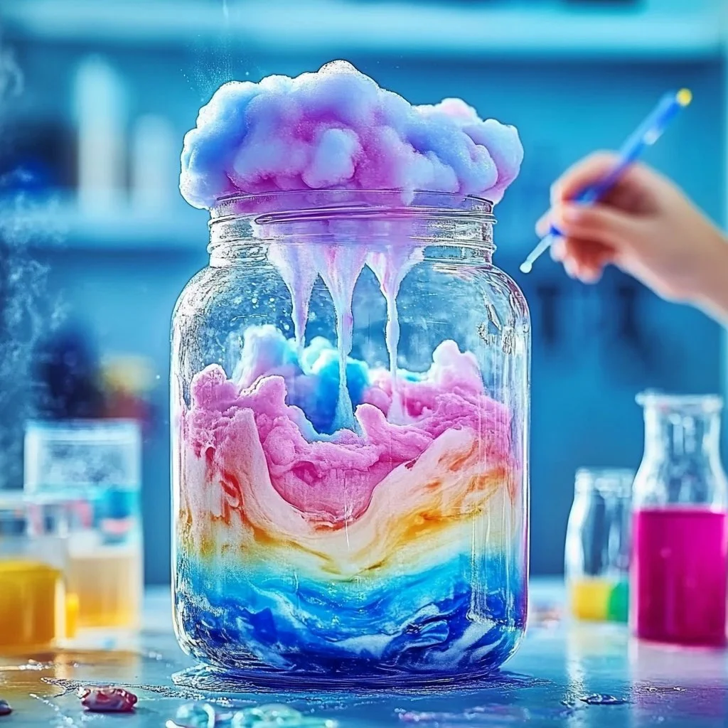 A jar filled with a DIY rain cloud experiment showcasing water and cotton wool.