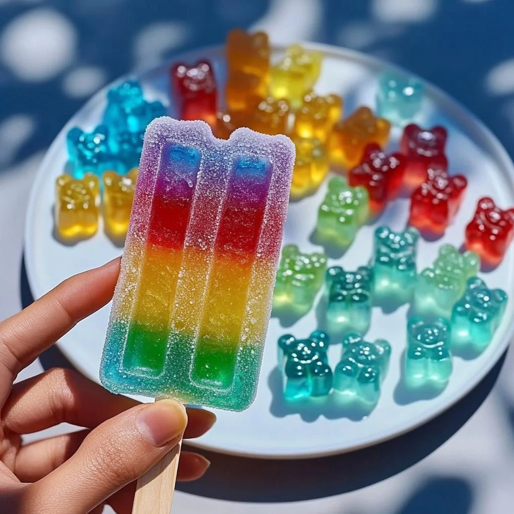 Colorful Rainbow Gummy Soda Pops stacked on a vibrant background.
