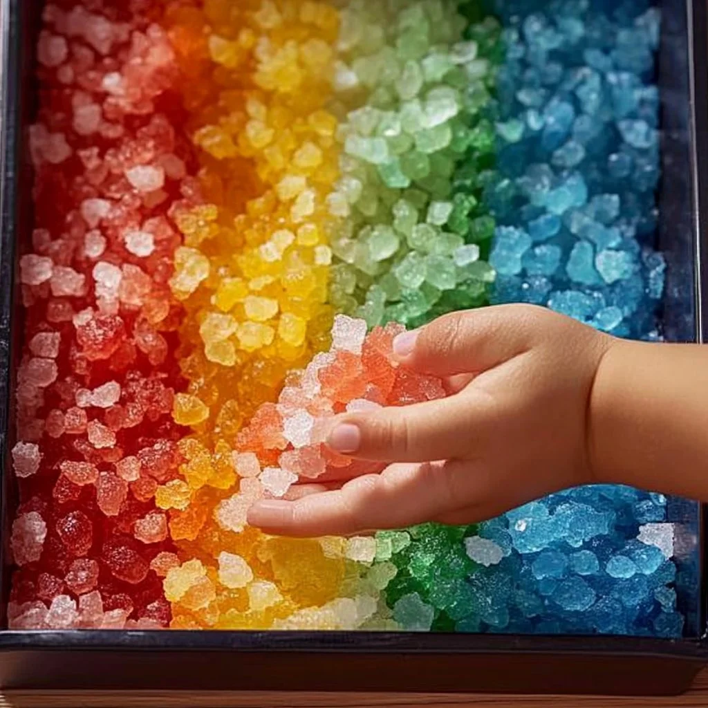 Colorful rainbow sensory salt tray for creative play and sensory exploration