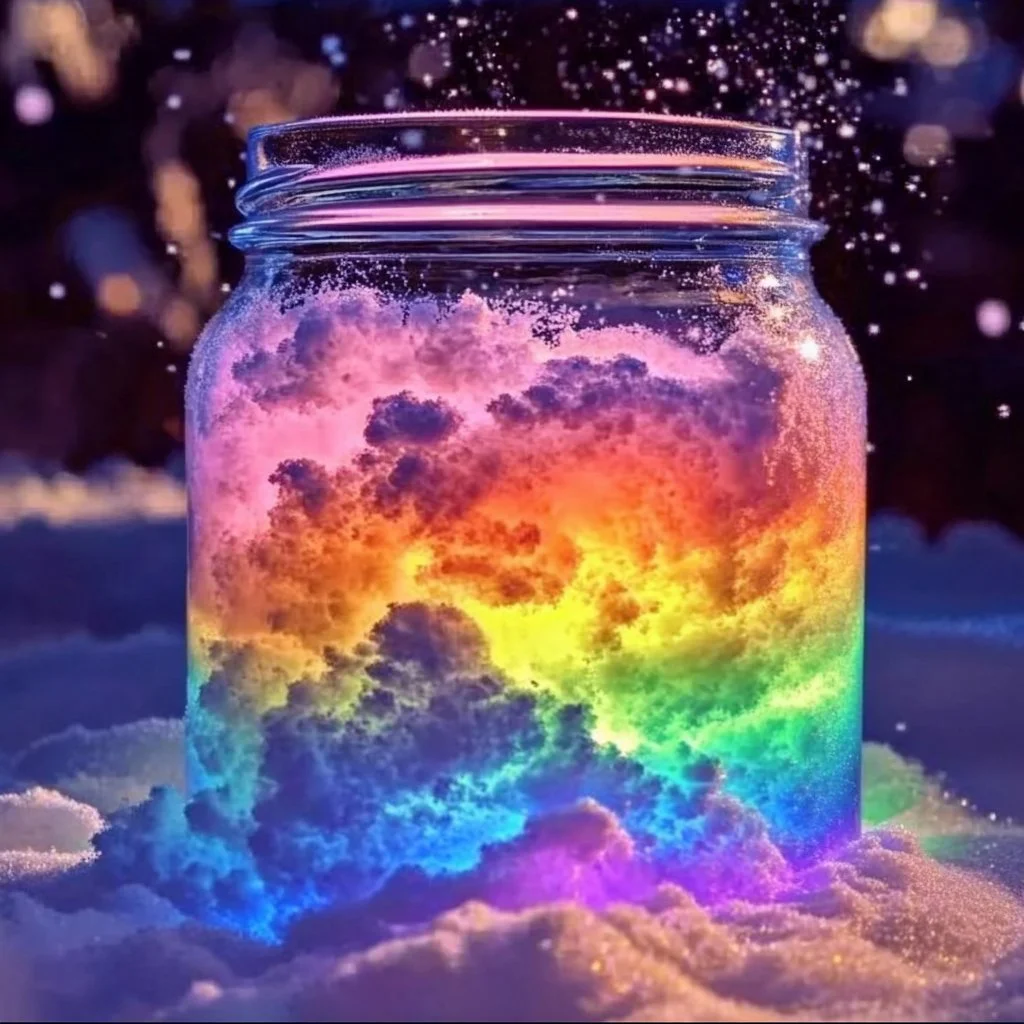 Colorful eruption in a jar featuring Rainbow Snow for sensory fun.