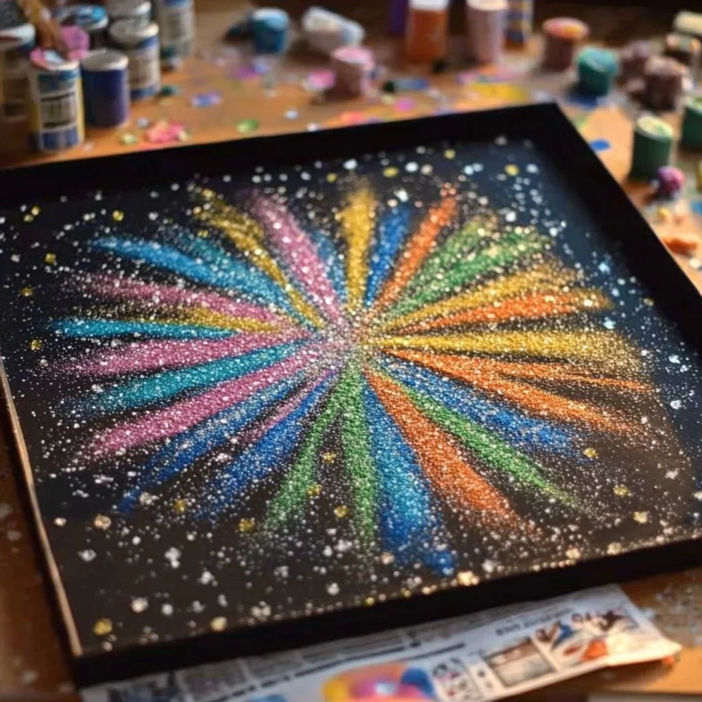 Colorful Salt & Glue Fireworks Painting showcasing explosive art techniques