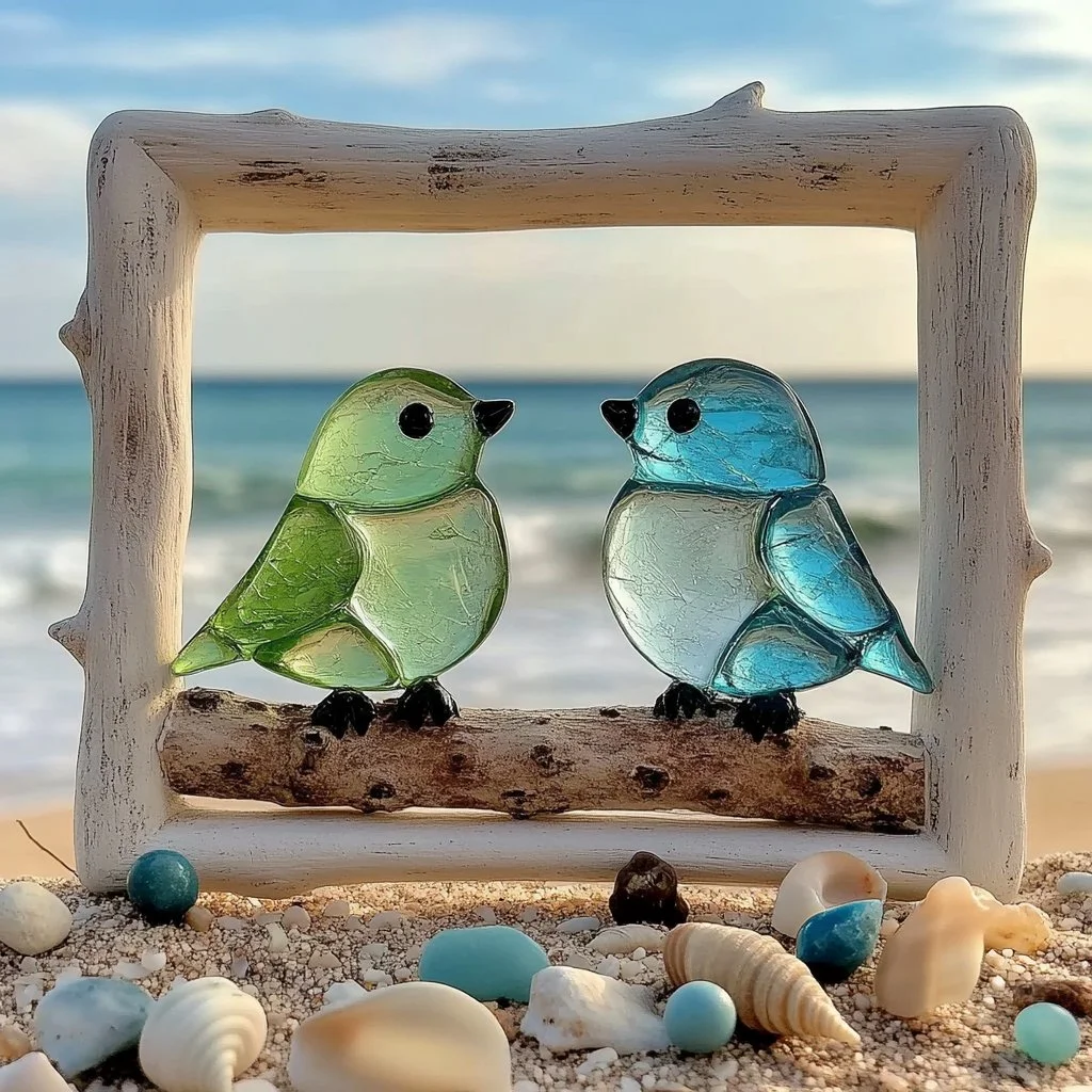 Sea glass bird decor featuring vibrant and colorful glass pieces