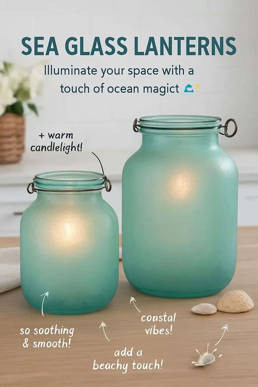Handcrafted sea glass lanterns adding coastal decor flair