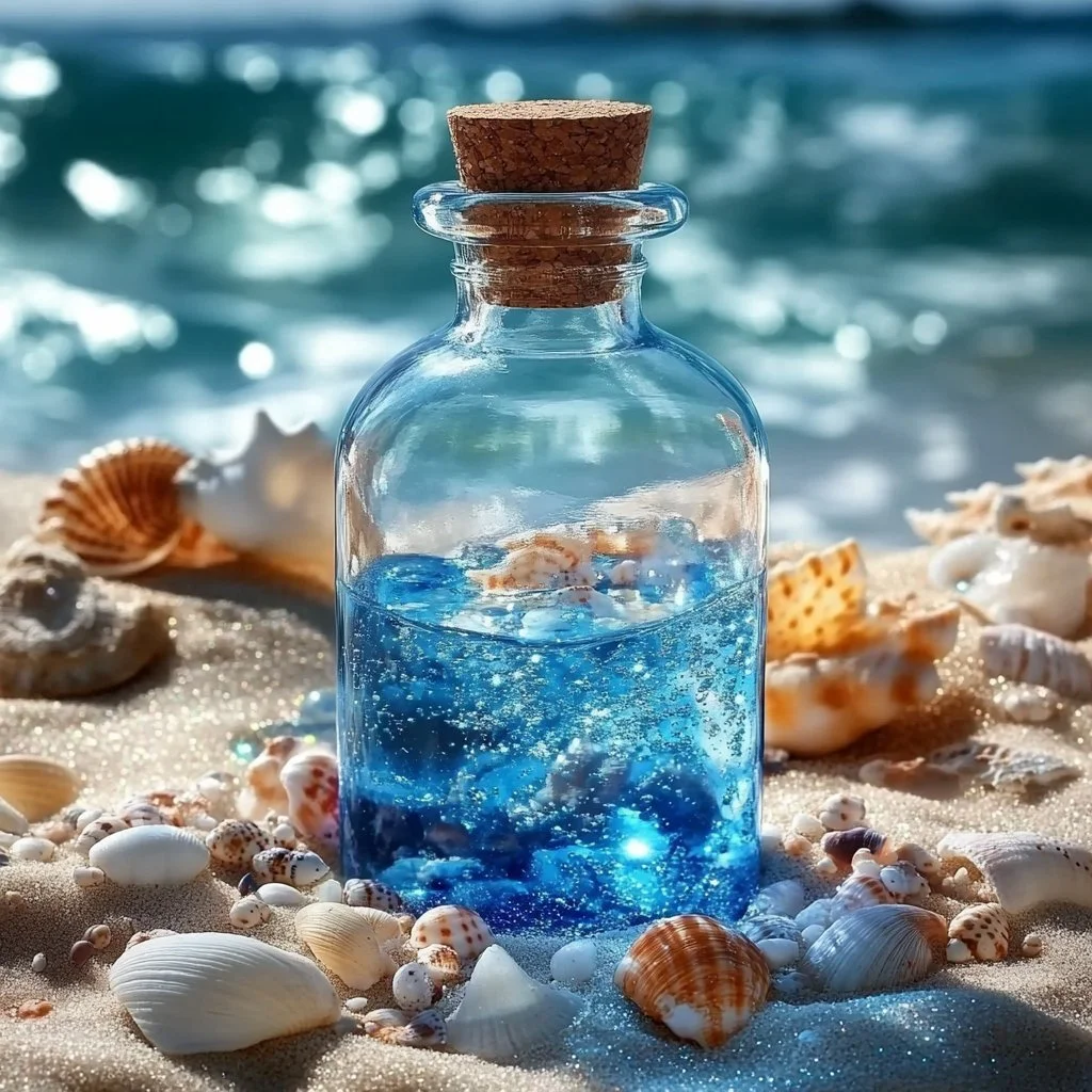 A decorative sea in a bottle showcasing blue waters and miniature ocean elements.