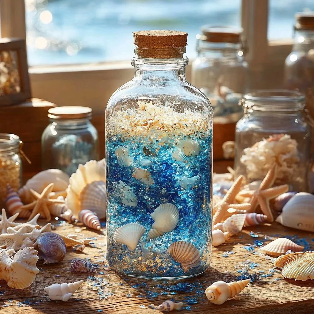 Beautiful seashell glitter bottle craft for a beach-themed DIY project