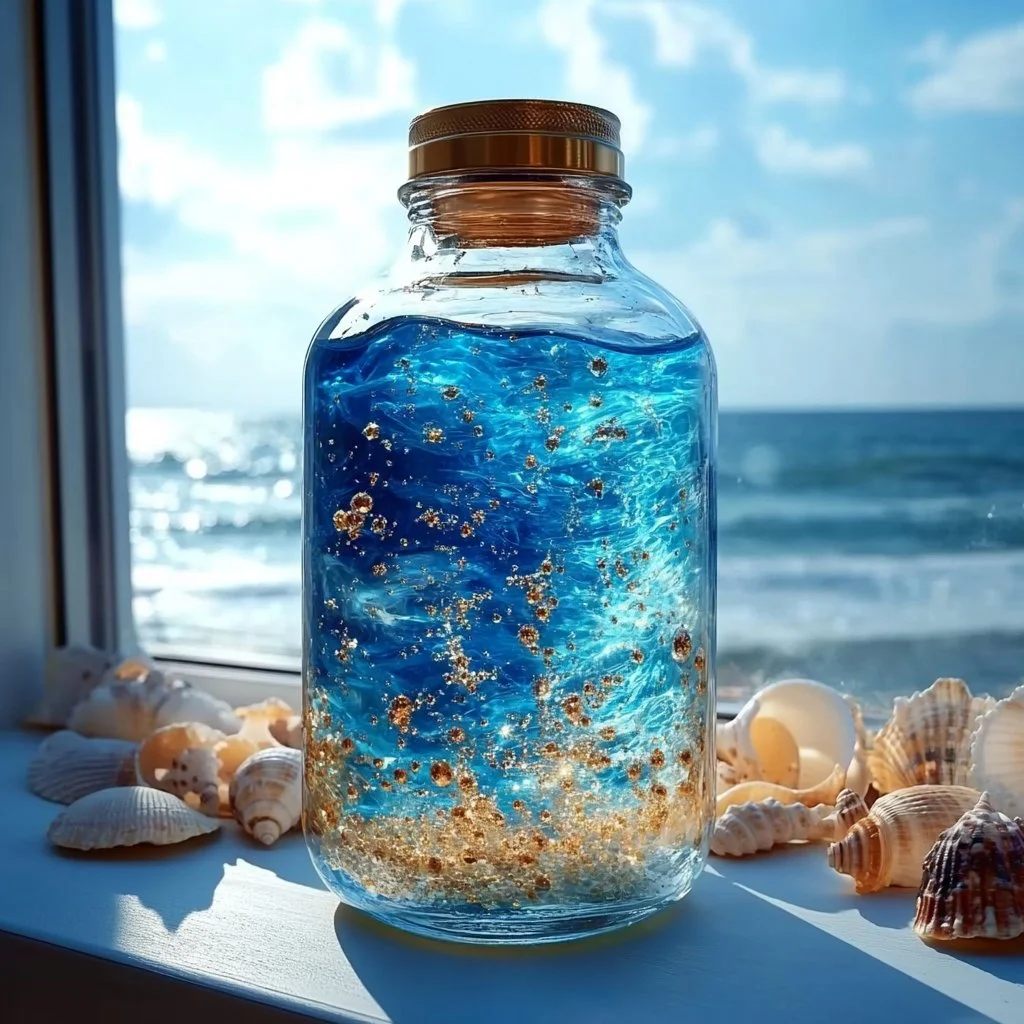 Sensory ocean jar filled with shimmering blue water and soft sea-themed decorations