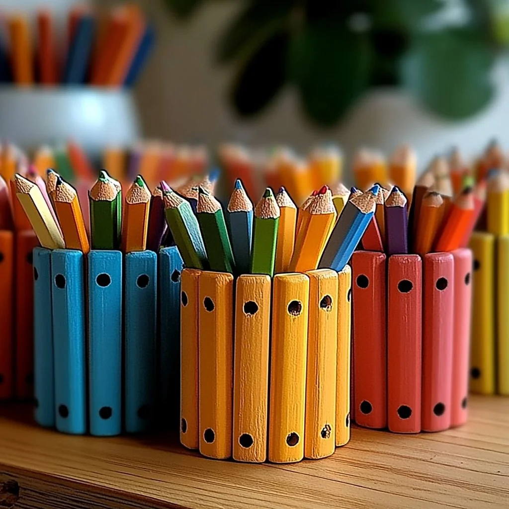 DIY ice cream stick pen stand made with recycled crafts materials