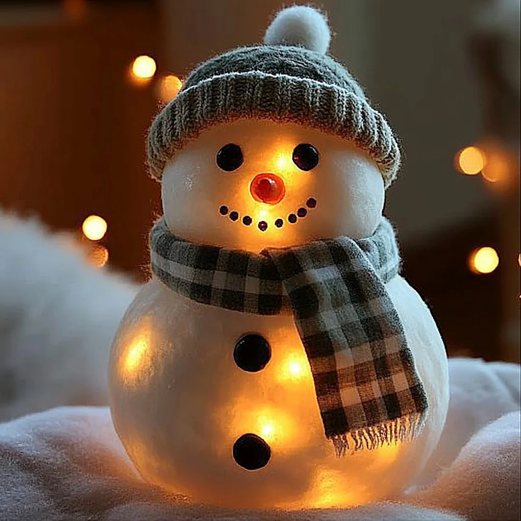 DIY Snowman Luminaries glowing in a snow-covered setting with festive decorations.