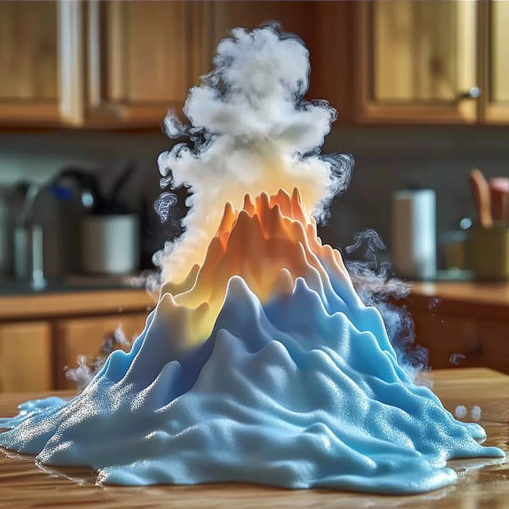 Colorful soap-foam explosion volcano demonstration with vibrant bubbles.