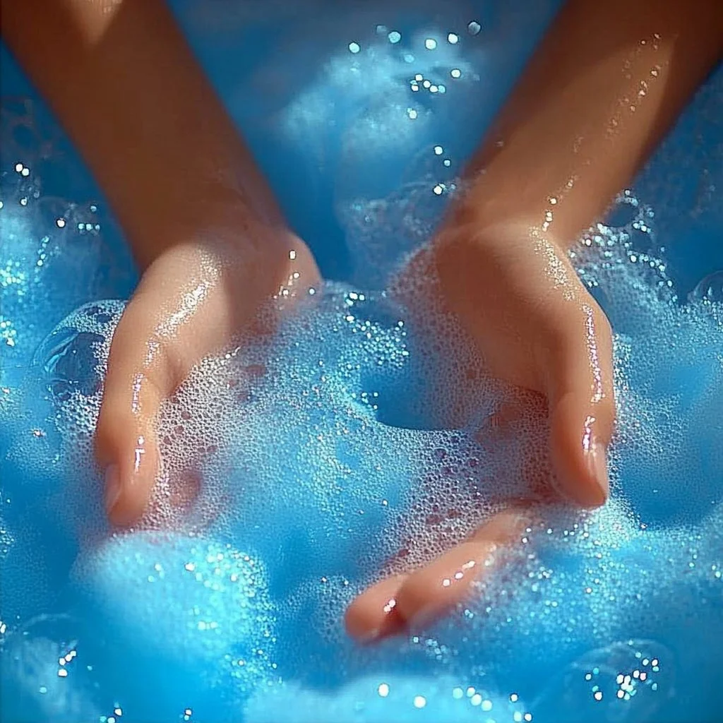Close-up of soapy sea foam on a beach, capturing its texture and beauty.