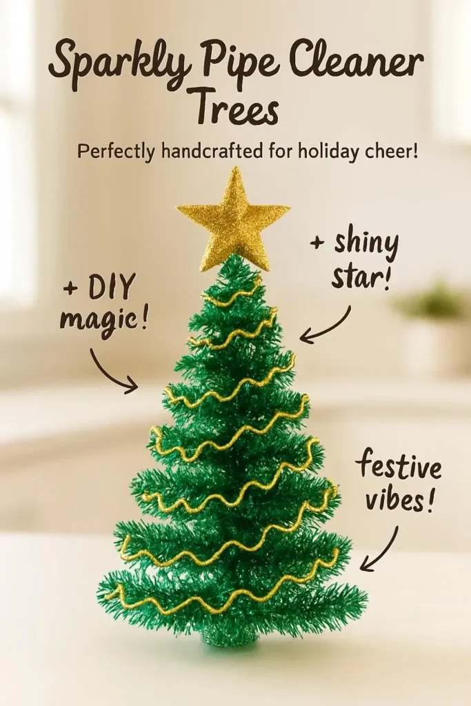 Sparkly pipe cleaner trees decorated for holiday crafts and DIY projects.