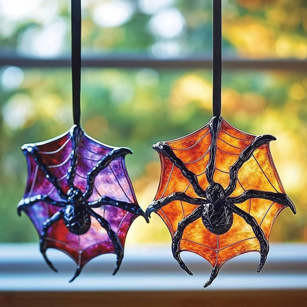 Colorful spider suncatchers hanging in a sunlit window, creating vibrant reflections.