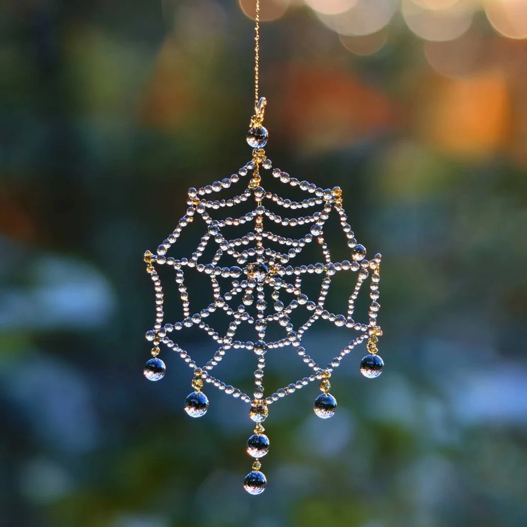 Spider Web Rain Droplet Suncatcher reflecting sunlight in vibrant colors