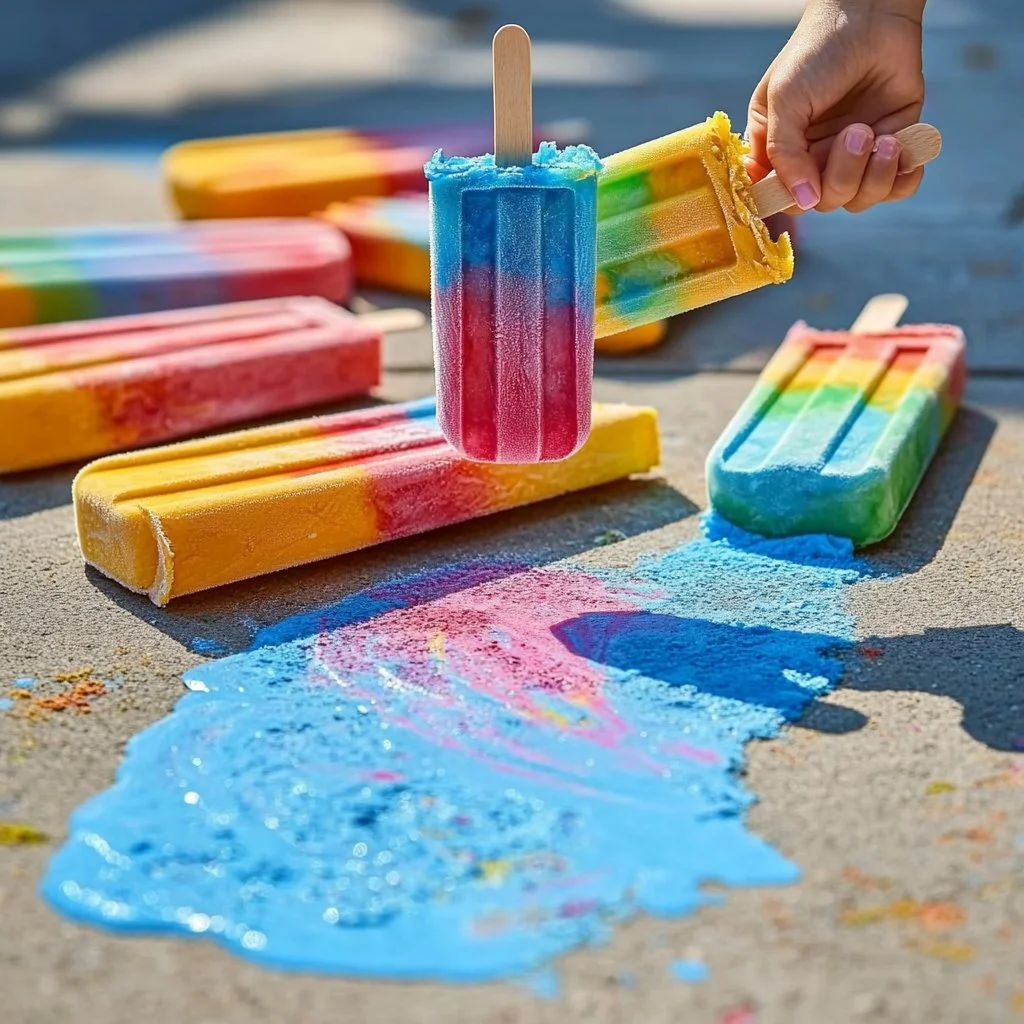 Colorful summer ice chalk popsicles in a sunny outdoor setting