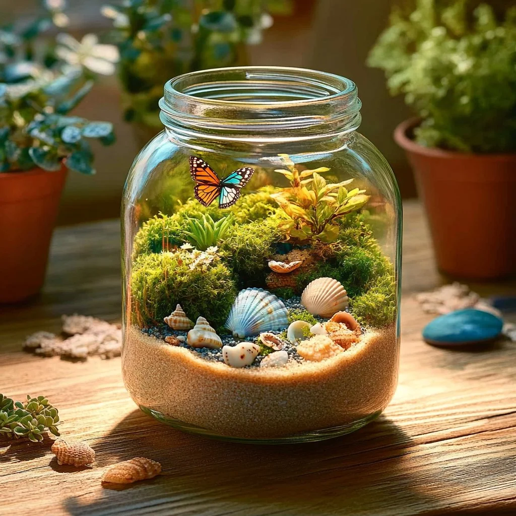 Colorful summer terrarium with various plants for a seasonal craft project