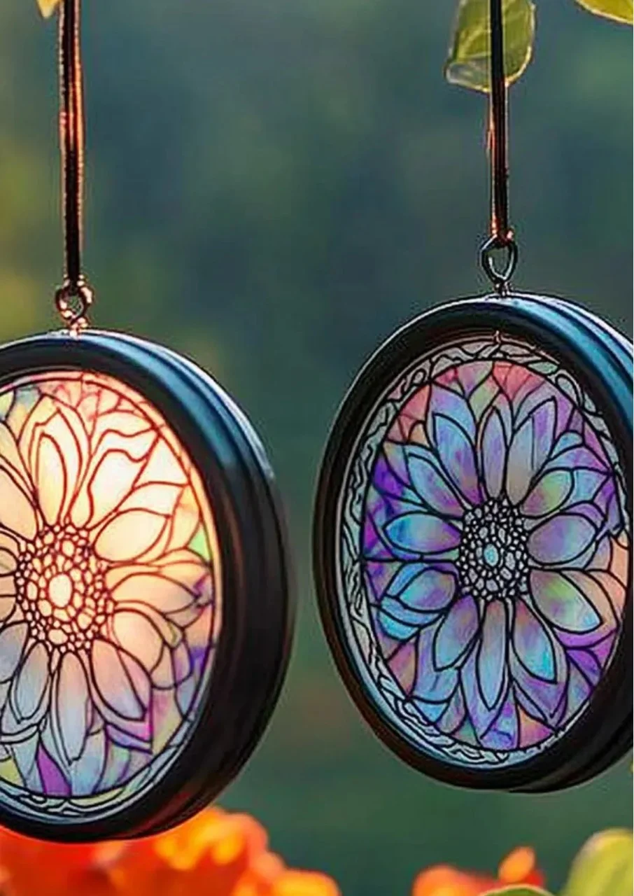 Colorful sun catchers hanging in a window, casting rainbow reflections.