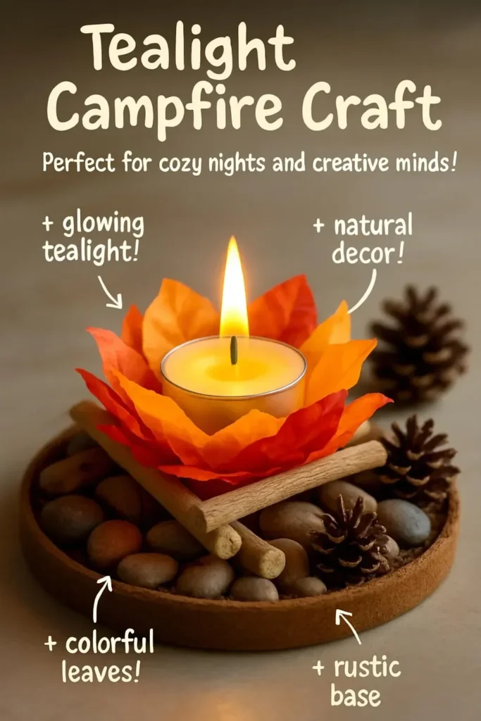 DIY tealight campfire craft glowing warmly in a cozy setting