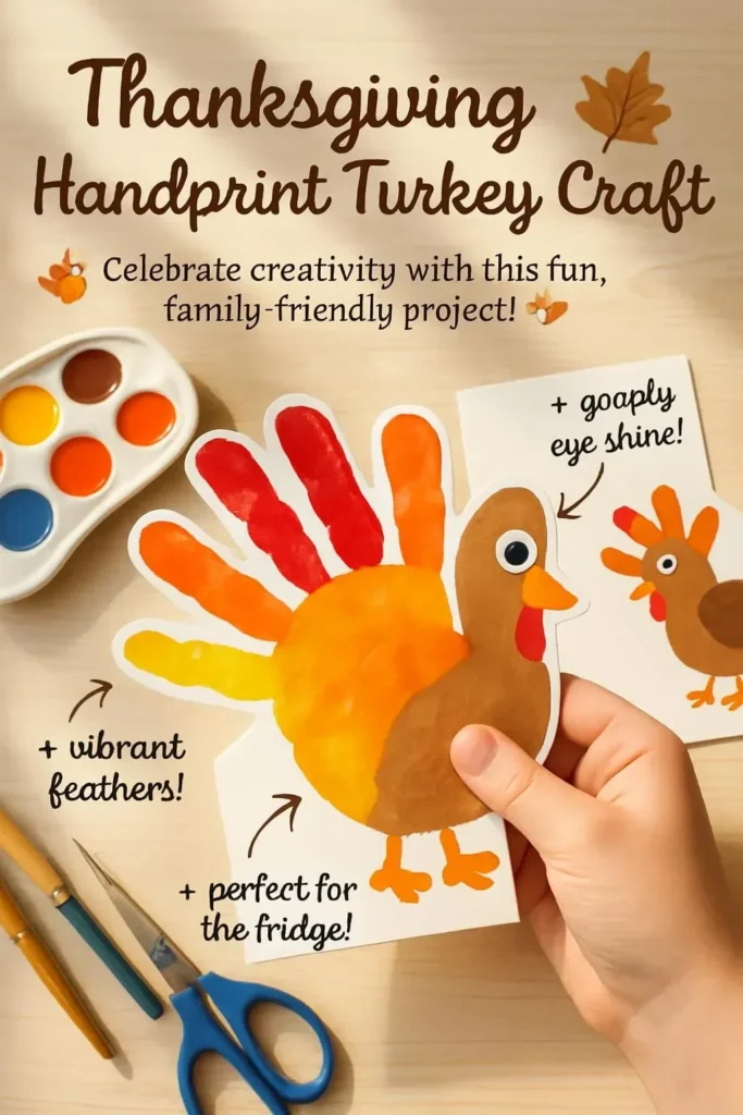 Kids creating Thanksgiving handprint turkey craft for holiday celebration.