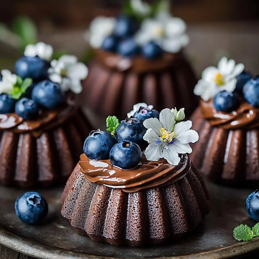 Triple Chocolate Mini Bundt Cakes topped with chocolate glaze and sprinkles.