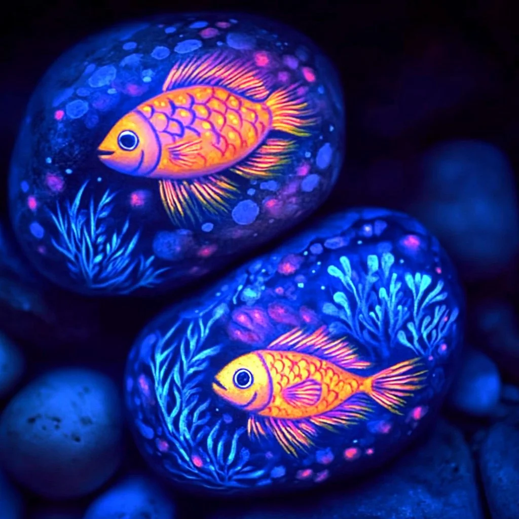Vibrant underwater goldfish rock painting showcasing colorful aquatic life.