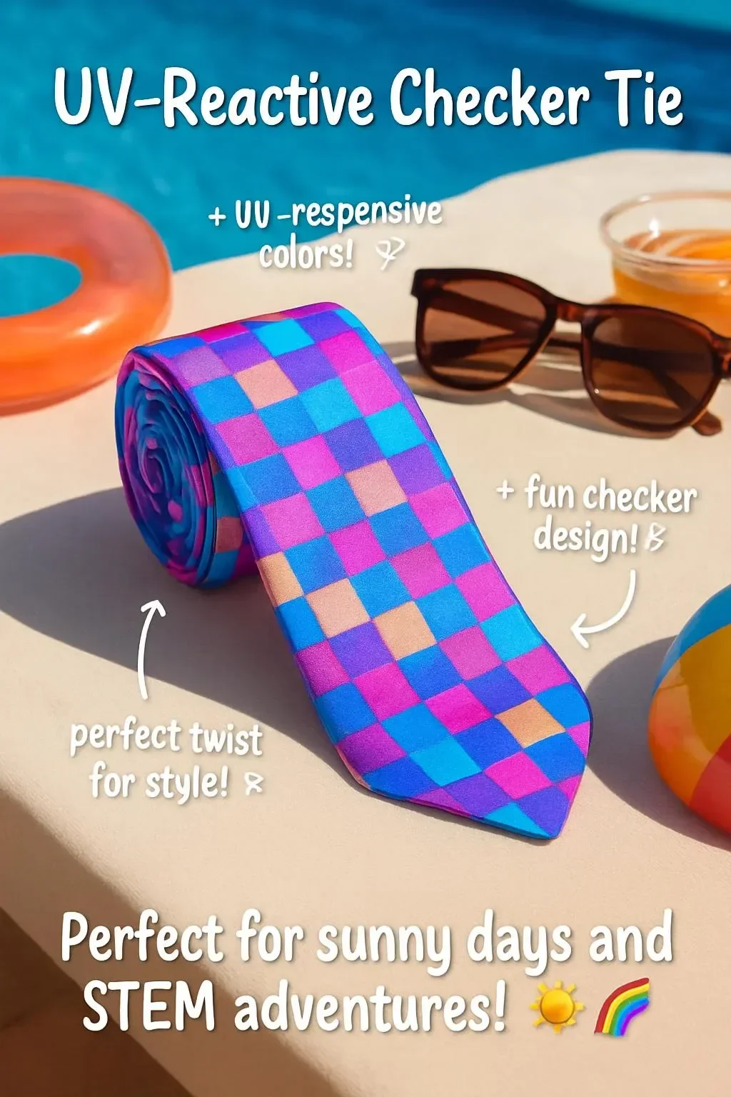 UV-Reactive Checker Tie that changes color in UV light for a unique fashion statement.