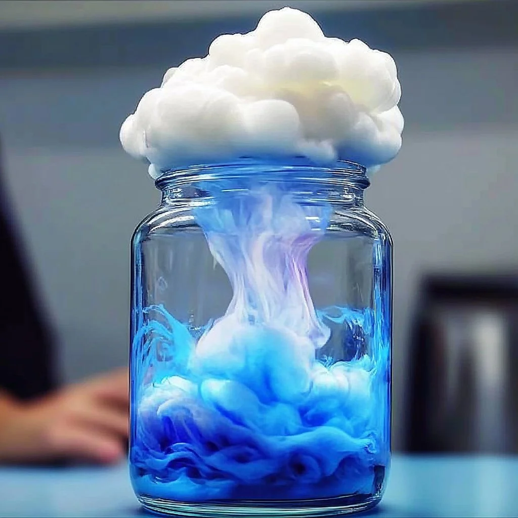 Colorful science trick showing how rain falls from a cloud inside a jar.