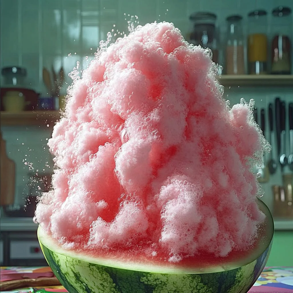 A colorful watermelon volcano with flowing fruit juice, perfect for summer parties.