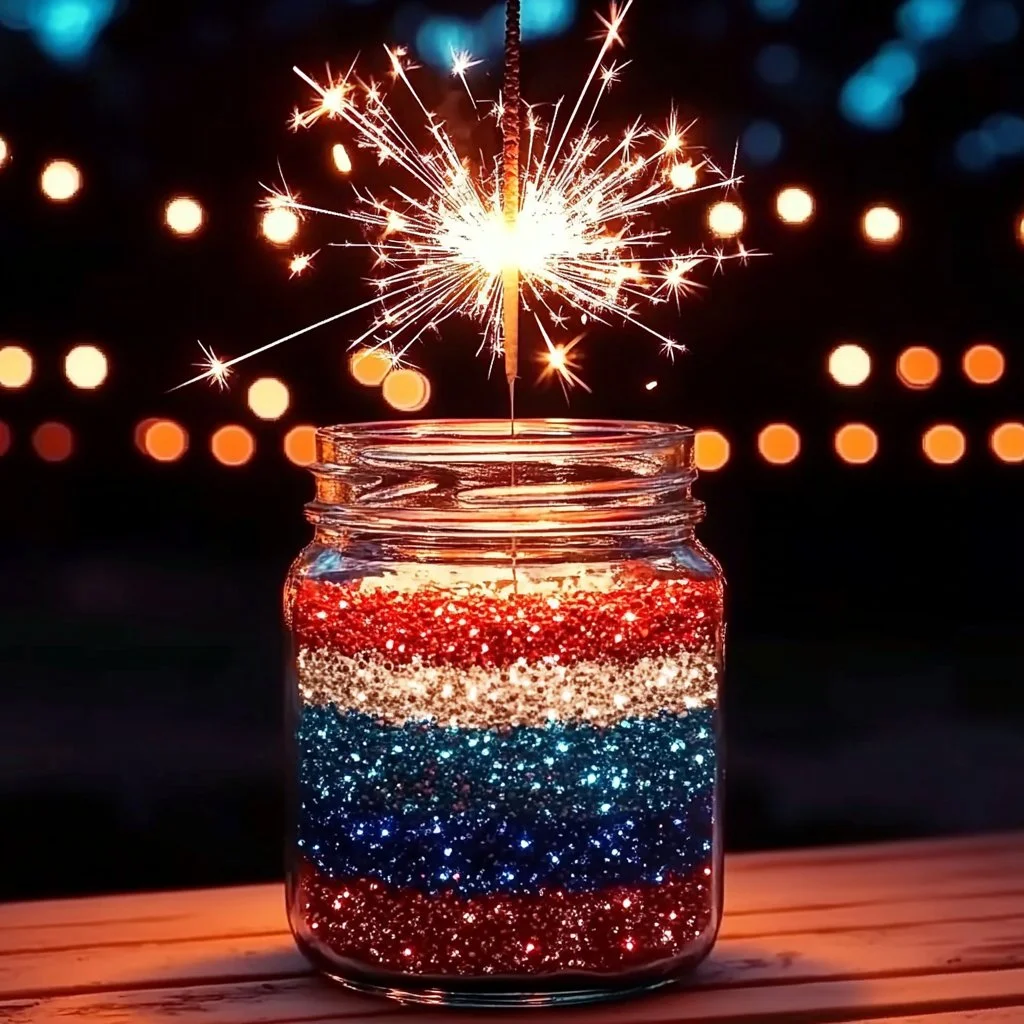 Colorful 4th of July fireworks in a decorative jar for festive celebrations.