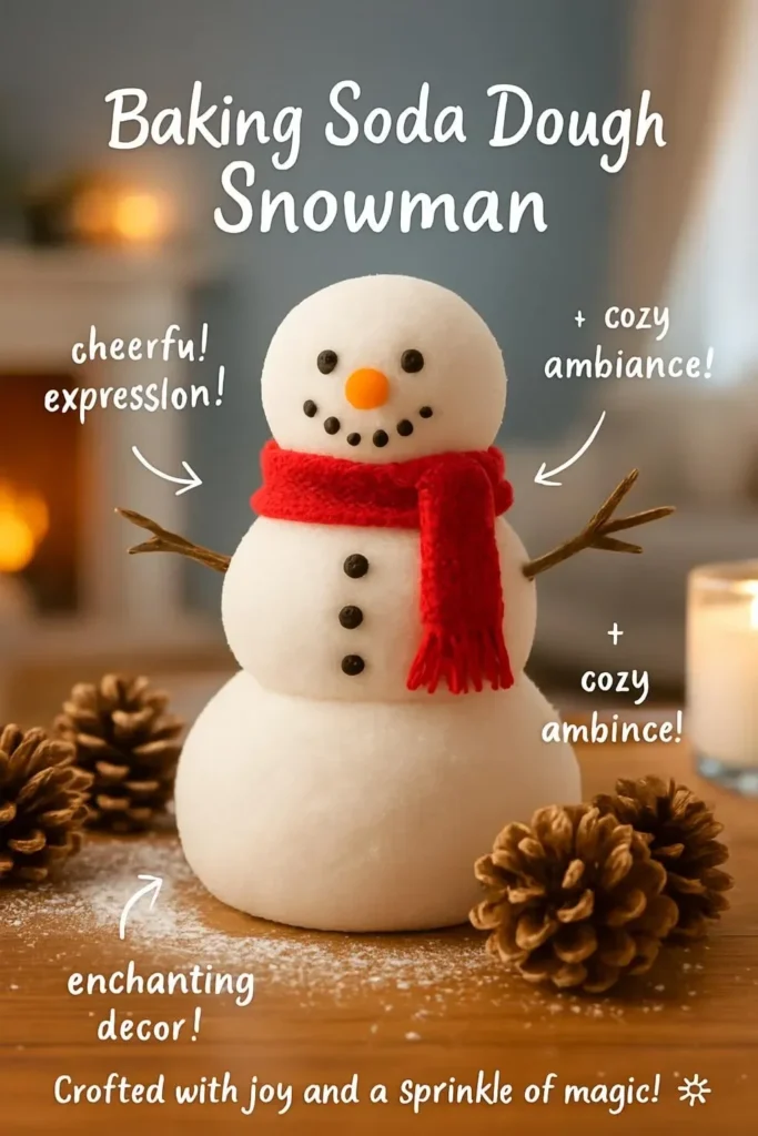 Homemade snowman crafted from baking soda dough for winter decoration.