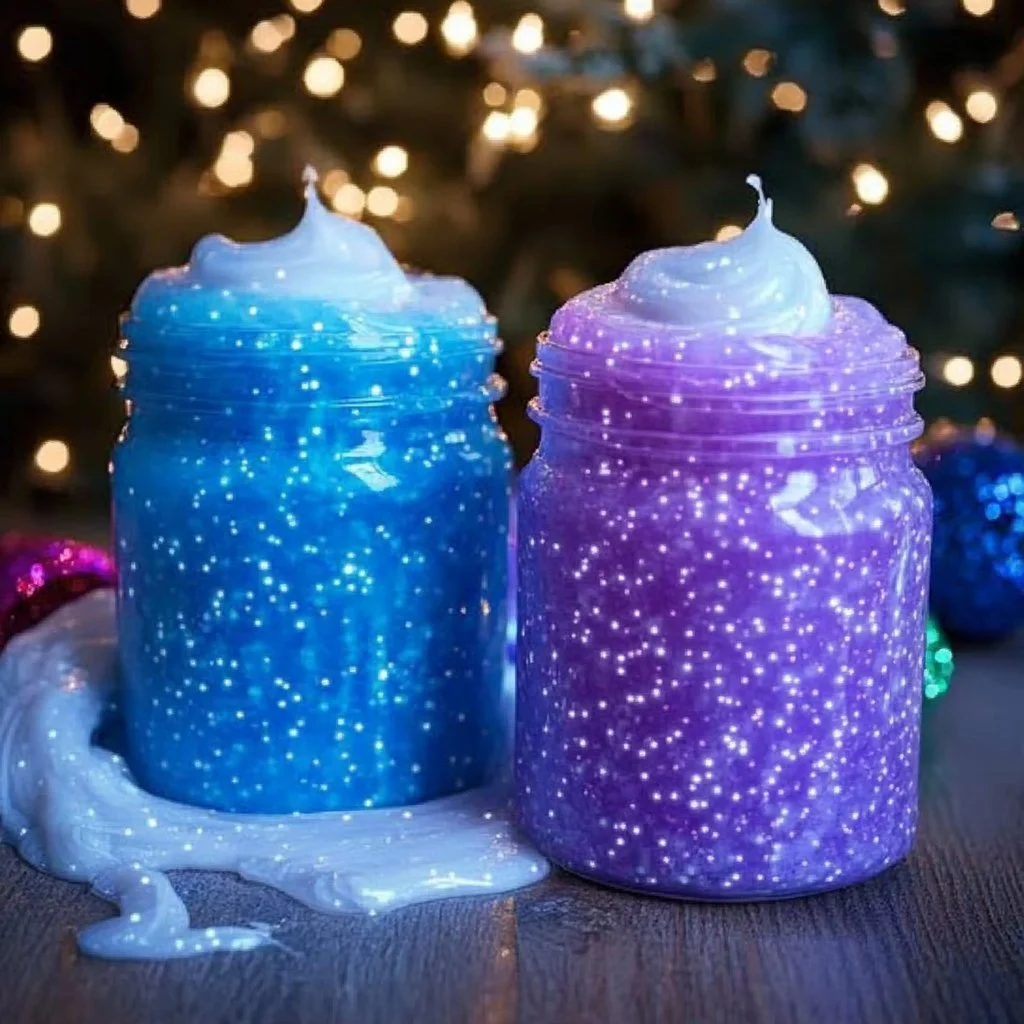 Baking Soda Glow Snow Slime in a bowl with glowing effects under black light