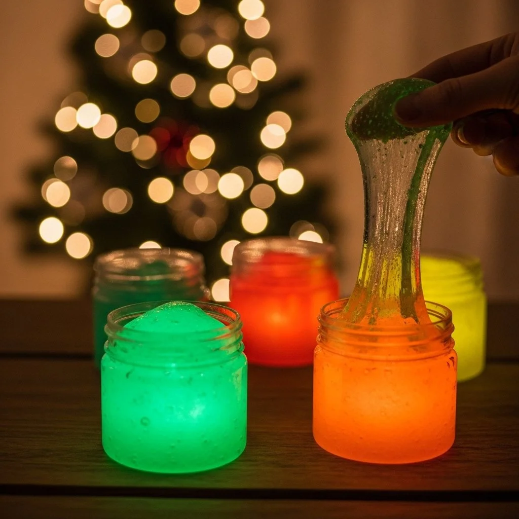 Baking soda glow snow slime in a container, glowing in the dark