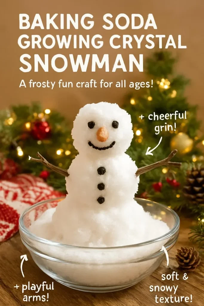 Baking soda crystal snowman project showcasing sparkling snowflakes.