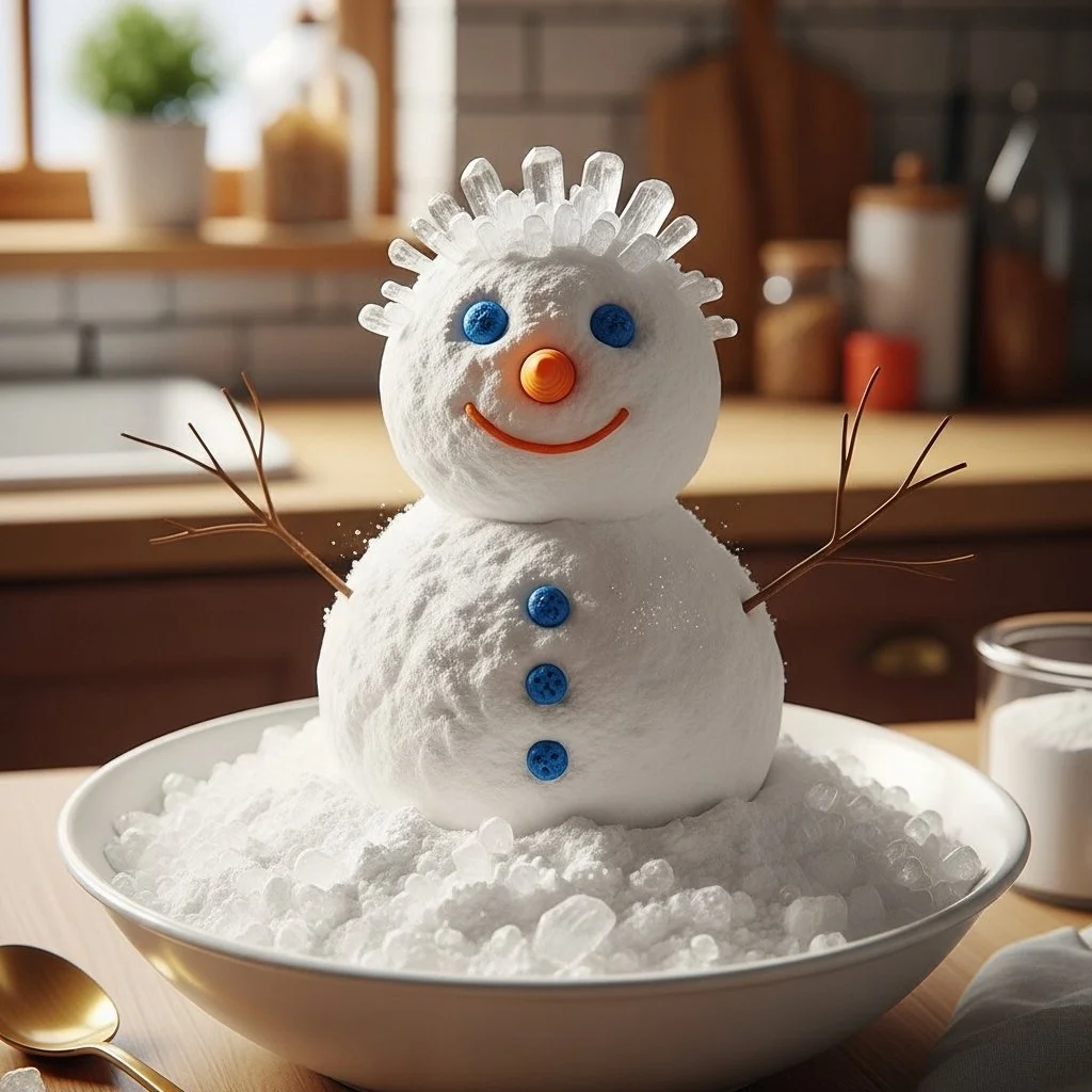 Baking soda crystal snowman decoration growing in a snowy setting.