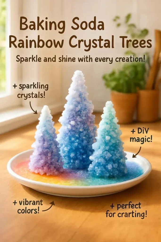 Colorful baking soda rainbow crystal trees shining with vibrant crystals