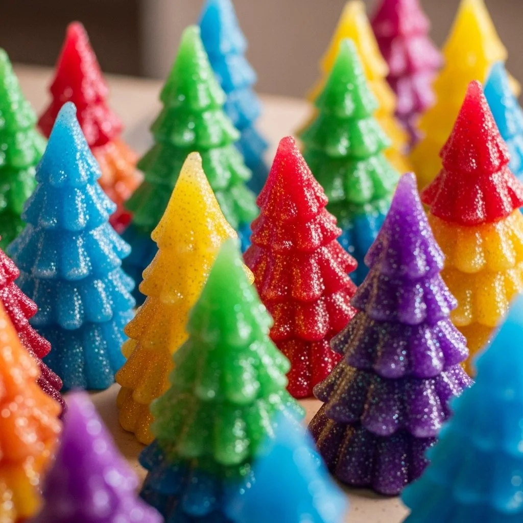 Vibrant rainbow crystal trees made with baking soda and colorful crystals